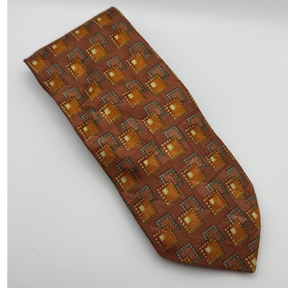 Ermenegildo Zegna Silk Tie 3.5" Rust Orange Gold Geometric Square Italian Luxury